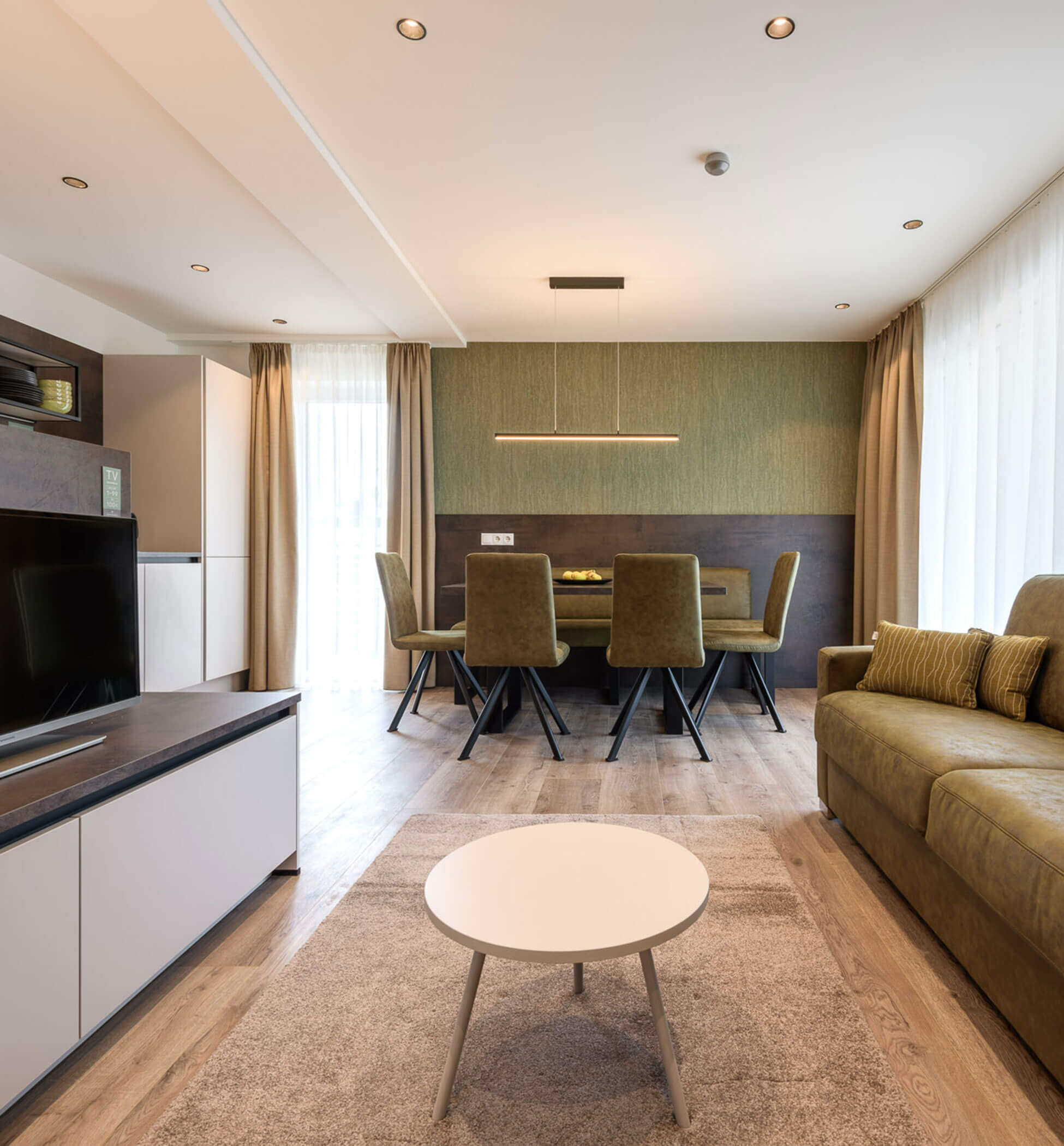 Dining and living area of the Pipe apartment