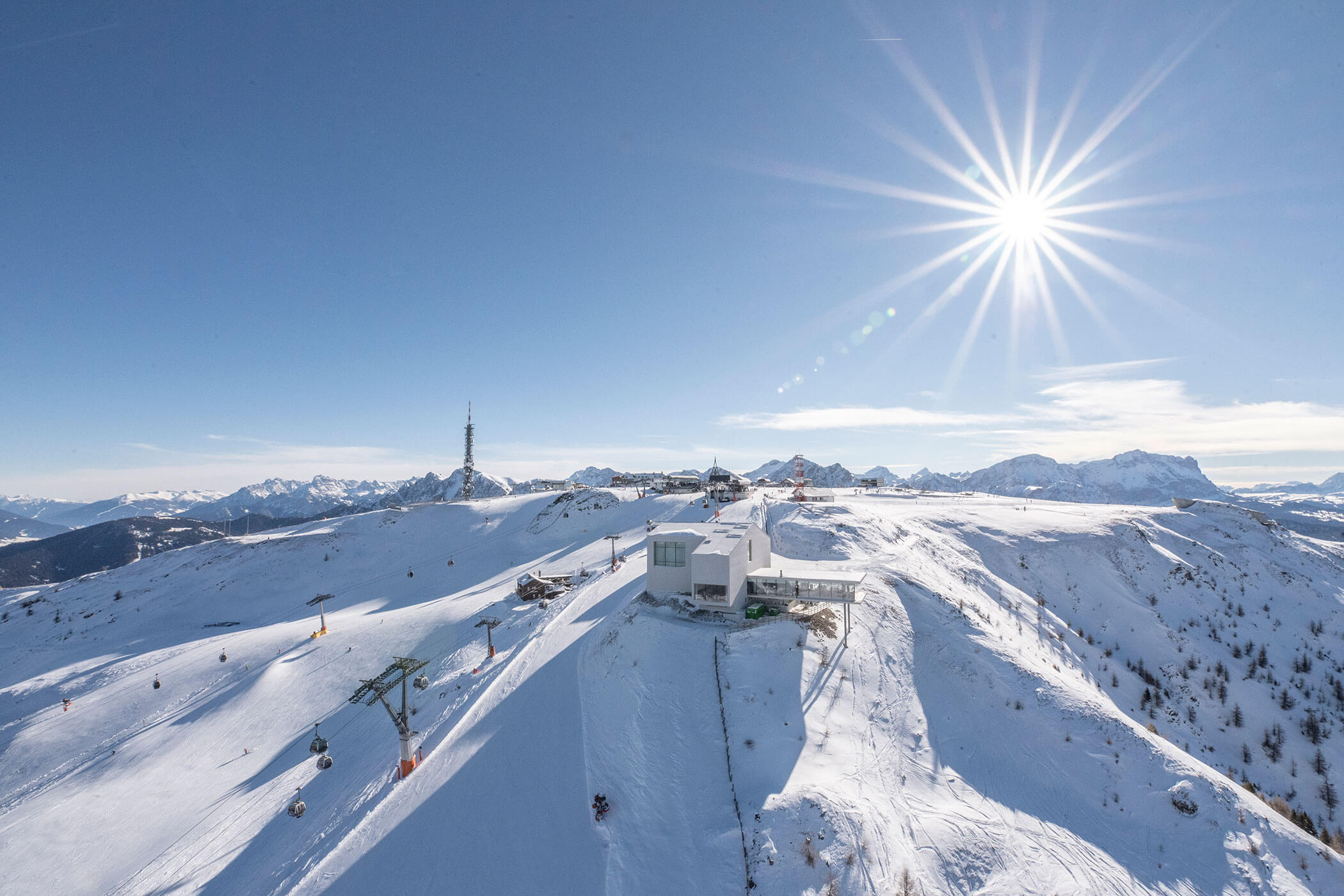 Drone shot of the Plan de Corones in winter