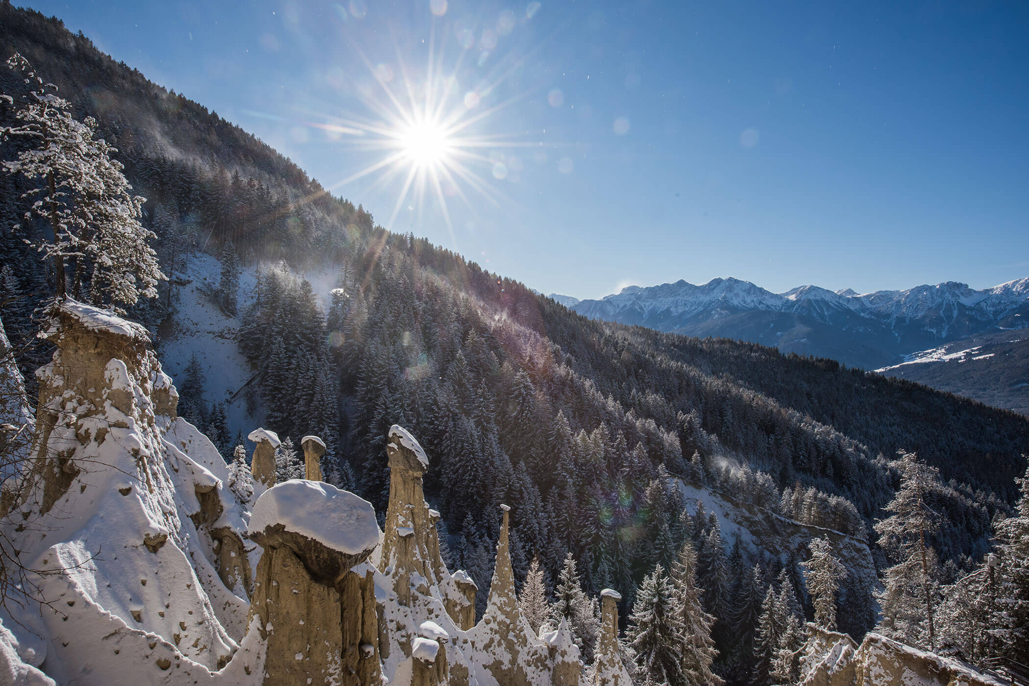 The earth pyramids in Plata near Vila di Sopra in winter