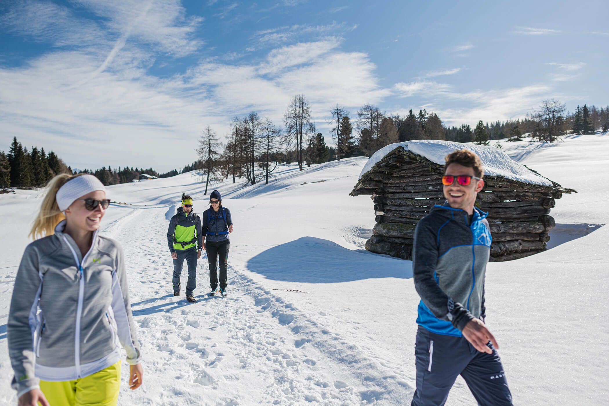 Four winter hikers on a snow-covered forest path