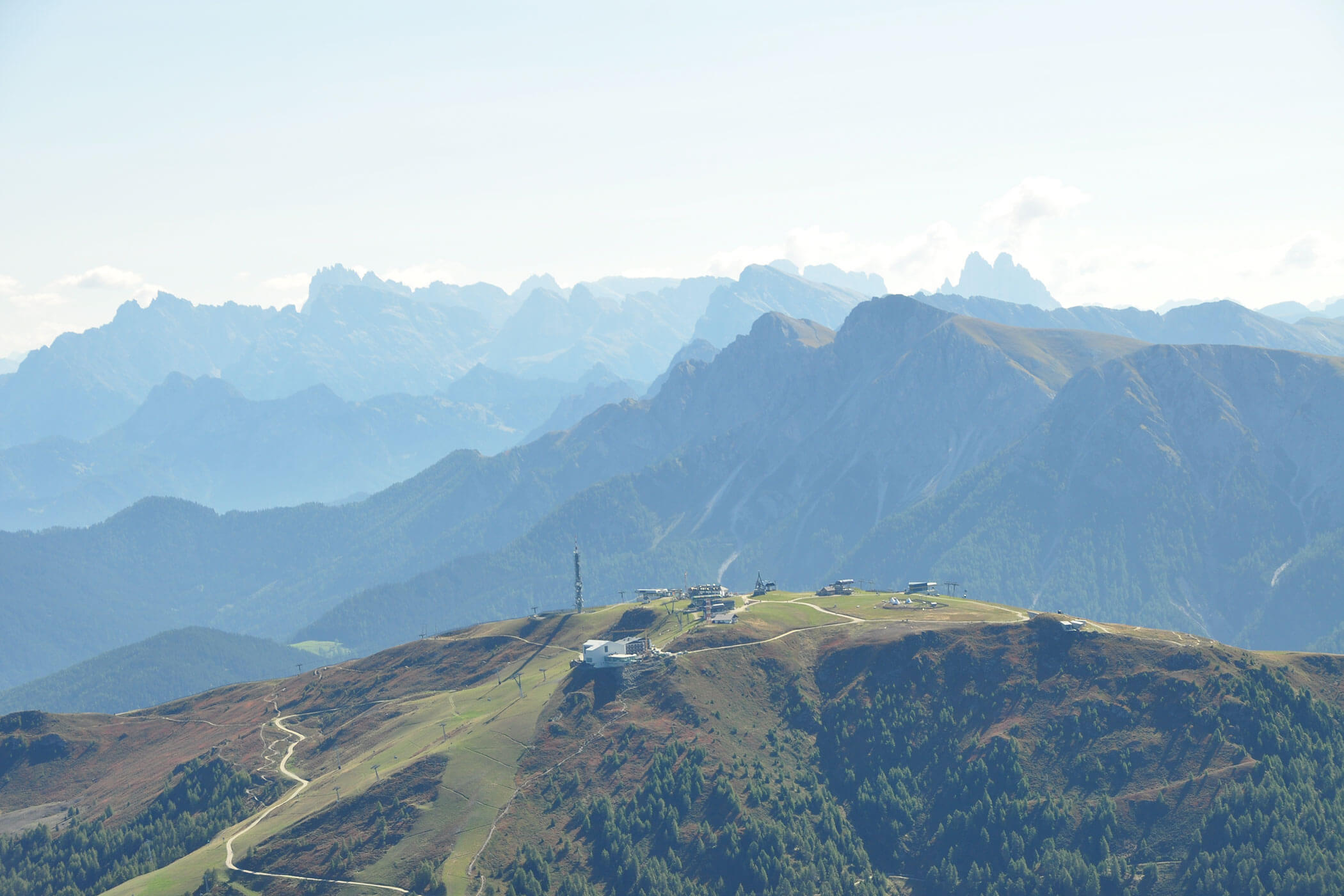 Helicopter shot of Plan de Corones in summer